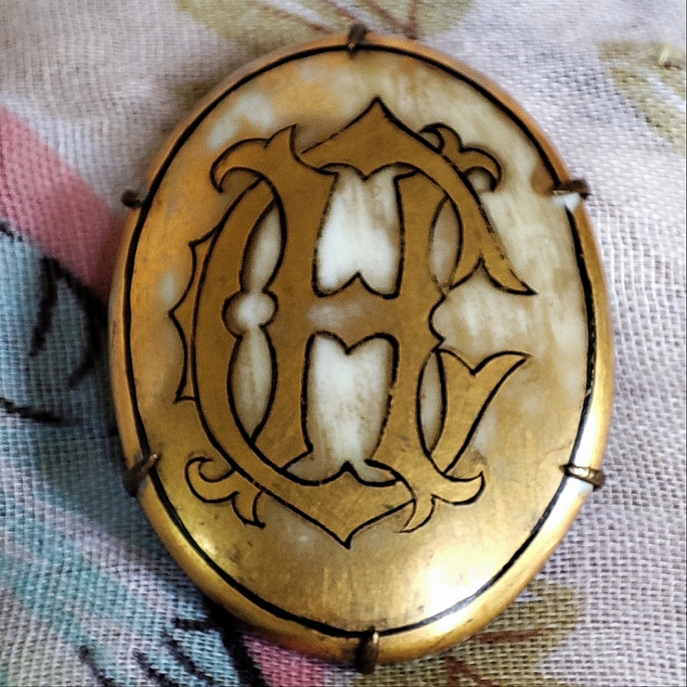 Monogram CH HC Porcelain Ceramic Gold Wash Antique C Clasp Brooch Prong Set OLD